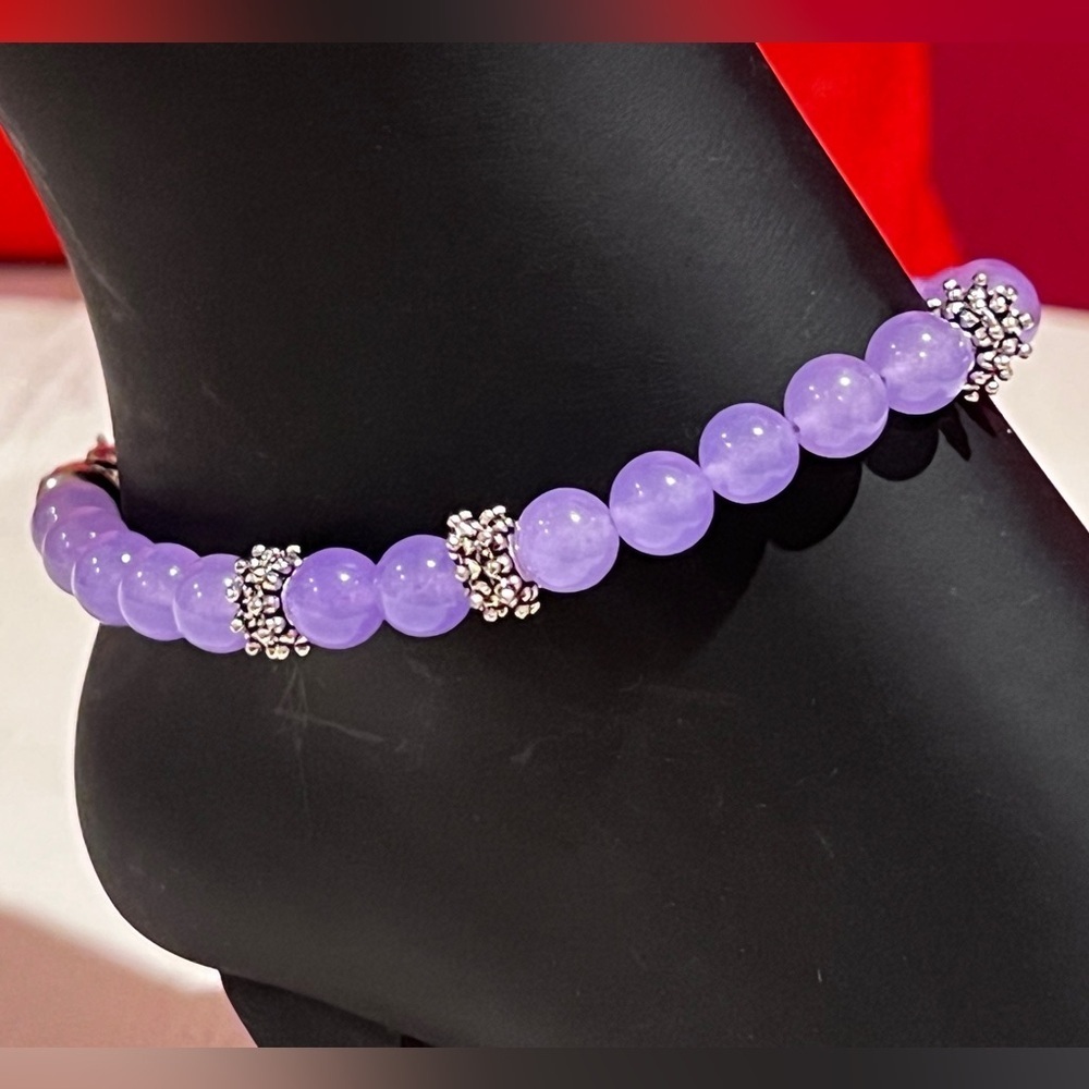 Lavender Jade Handmade Beaded Ankle Bracelet with Silver Daisy Accents